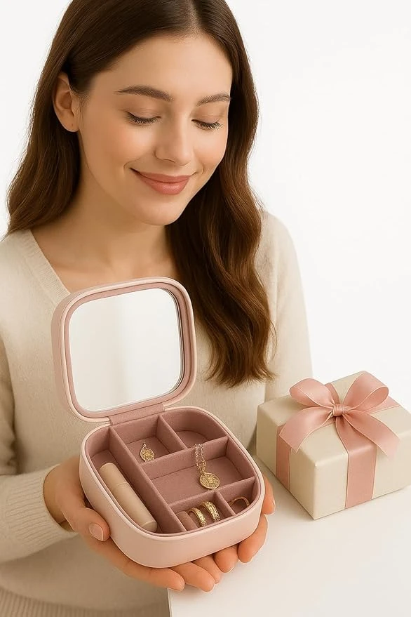 Travel Jewelry Organizer Box with Built-In Mirror | Compact Multi-Compartment Jewelry Case for Rings, Earrings, Pendants & Accessories | Portable, Shockproof & Elegant Storage Box