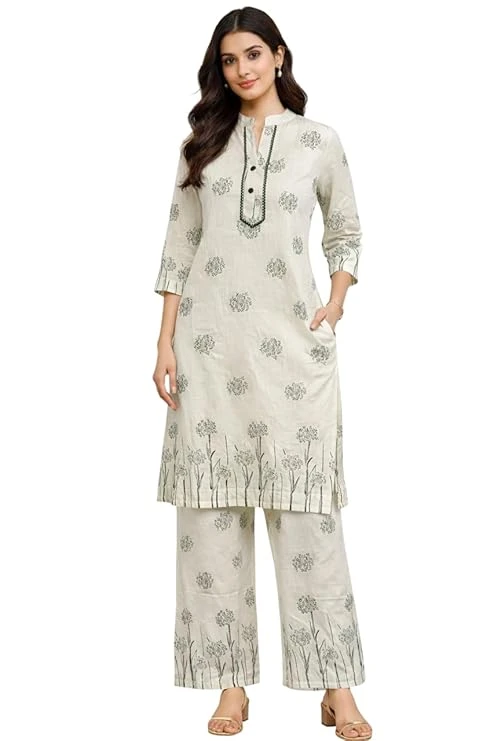 GREATECH Elegant Floral Printed Kurta Set for Women Straight Fit Kurti with Matching Pants | Comfortable Ethnic Wear for Office, Casual & Festive Occasions