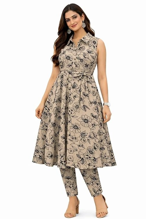 Women’s Beige Floral Printed Co-Ord Set | Sleeveless Kurti with Straight Pants | Casual Ethnic Summer Outfit