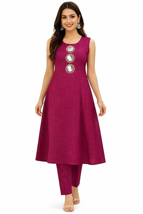 Women Sleeveless Kurta Pant Set with Mirror Work | Linen Blend A-Line Kurti with Pocket | Ethnic Co-Ord Set for Casual, Office Wear