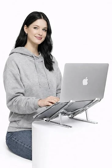 Adjustable Aluminum Laptop Stand for Desk | Foldable & Portable Laptop Riser with 6 Height Levels | Ergonomic Cooling Stand for MacBook, Laptops & Tablets (10–15.6 Inch)