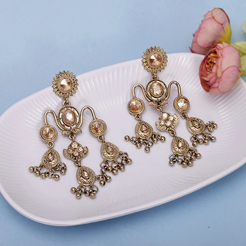 Antique Gold-Plated Chandelier Earrings for Women | Ethnic Kundan Style Drops Earrings | Bridal & Festive Jhumka Alternative | Traditional Party Wear Jewellery
