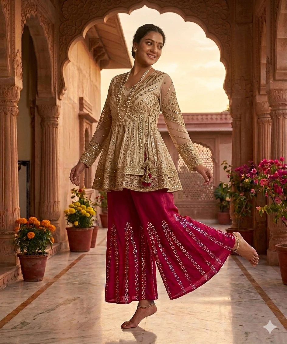 SUTEKI Women's Ethnic Rayon Mirror Work Palazzo