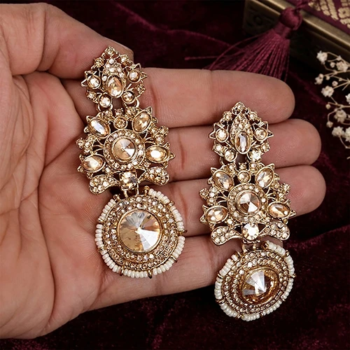 Premium Gold-Toned Kundan & Stone Studded Heavy Jhumka Earrings for Women | Traditional Ethnic Party Wear Pearl Drops Long Earrings