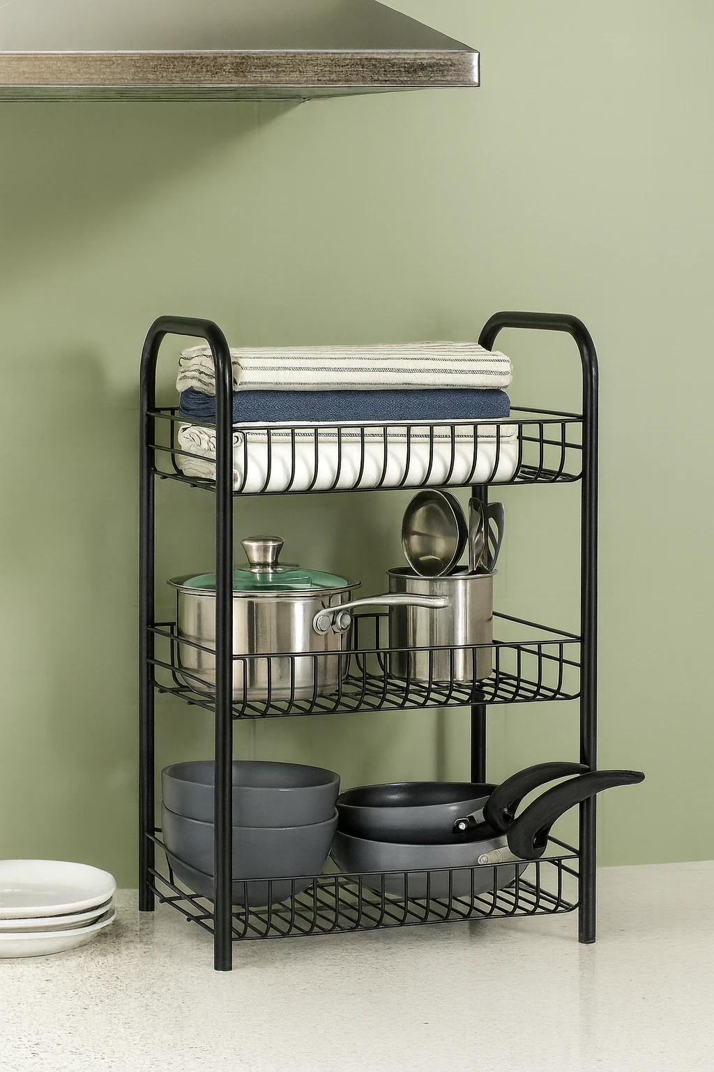 Black Kitchen utensils organiser | 3-tier kitchen rack | Adjustable metal shelf organizer | Modular kitchen storage rack