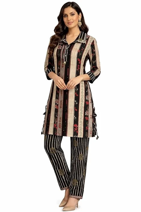 GREATECH Women Printed Kurta Pant Set | Stylish Straight Kurti with Stripe Pants | Casual & Ethnic Co-Ord Set