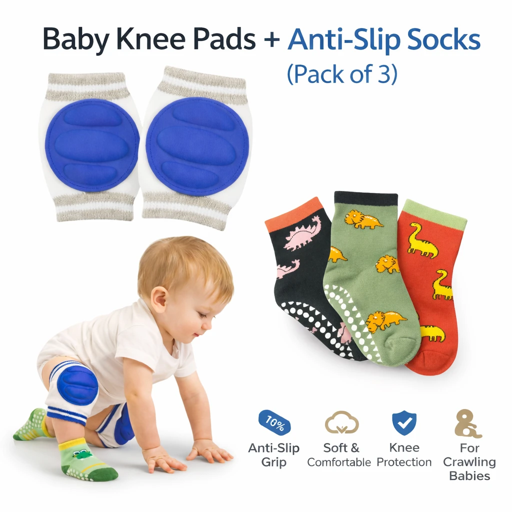BCD Baby Knee Pads with Anti-Slip /Non-Slip Socks for Crawling Babies (1–2 Years) | Soft Cotton Toddler Knee Protector set of 4 Ps | Anti Skid Grip Baby Socks | Knee Protection Safety Gear for Crawling & Walking Babies