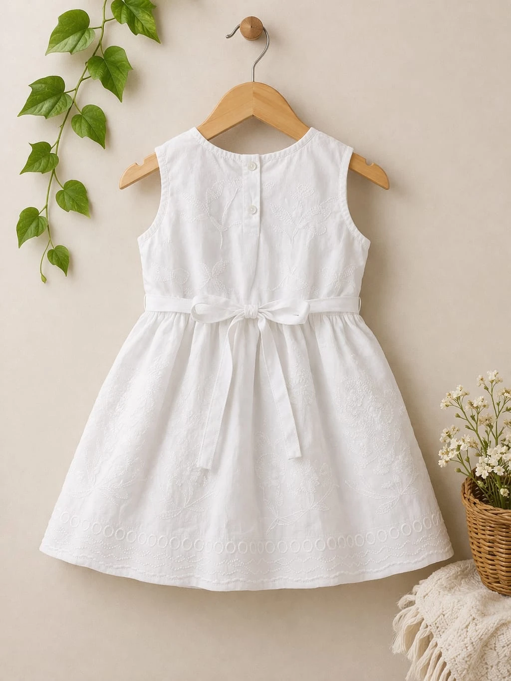 Girls White Embroidered Cotton Dress with Waist Tie-Up | Sleeveless Party Wear Frock