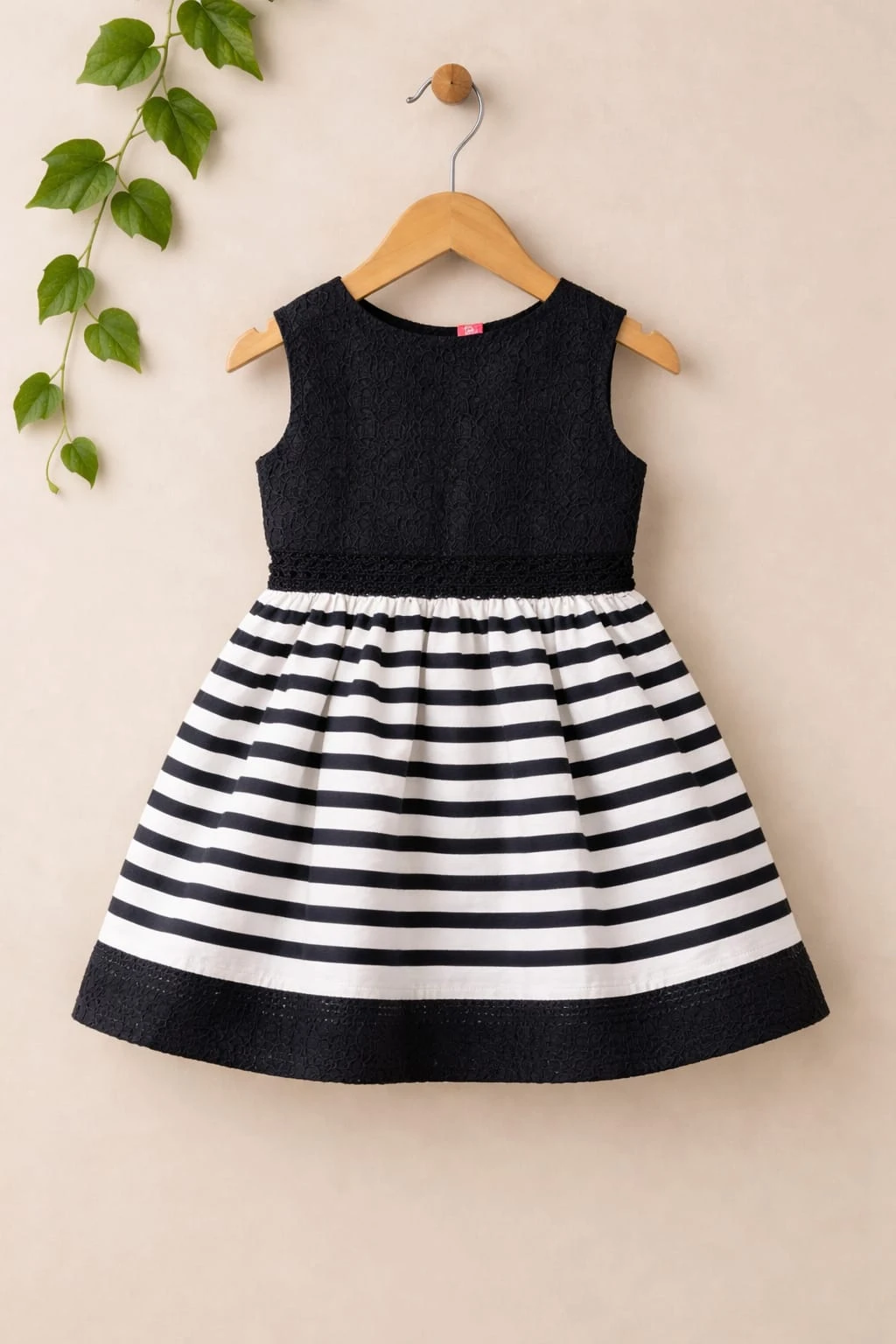 Girls Black Lace Bodice Striped Fit & Flare Dress