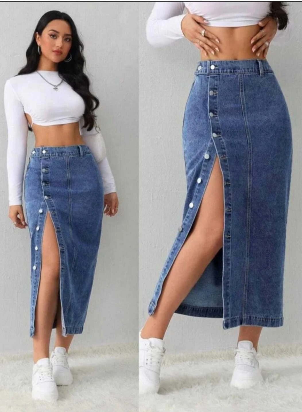 Blue Denim Midi Skirt for Women | High Waist Button Front Skirt | Casual Long Jean Skirt