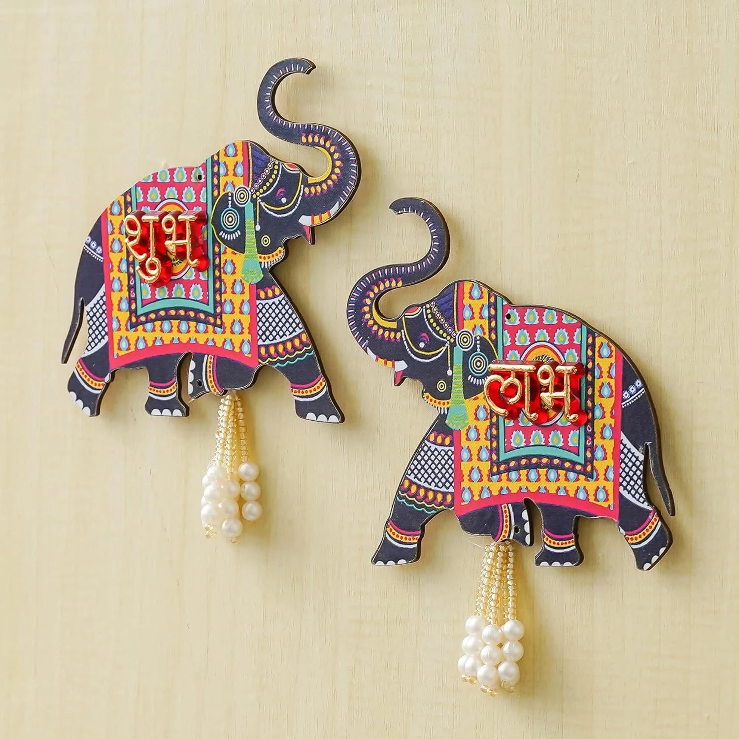Traditional Shubh Labh Elephant Wall Hangings with Pearl Tassels