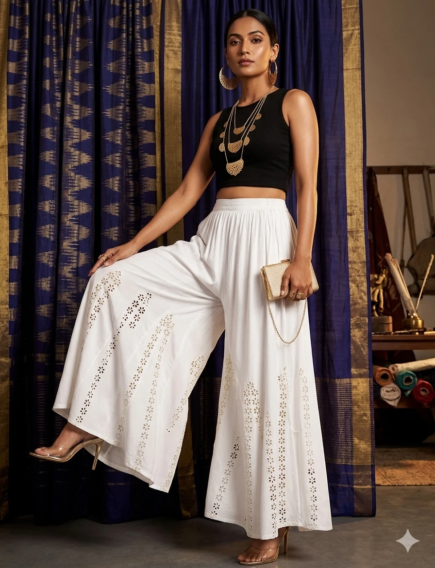 SUTEKI Classic White Flowy Palazzo with Embroidered Hem