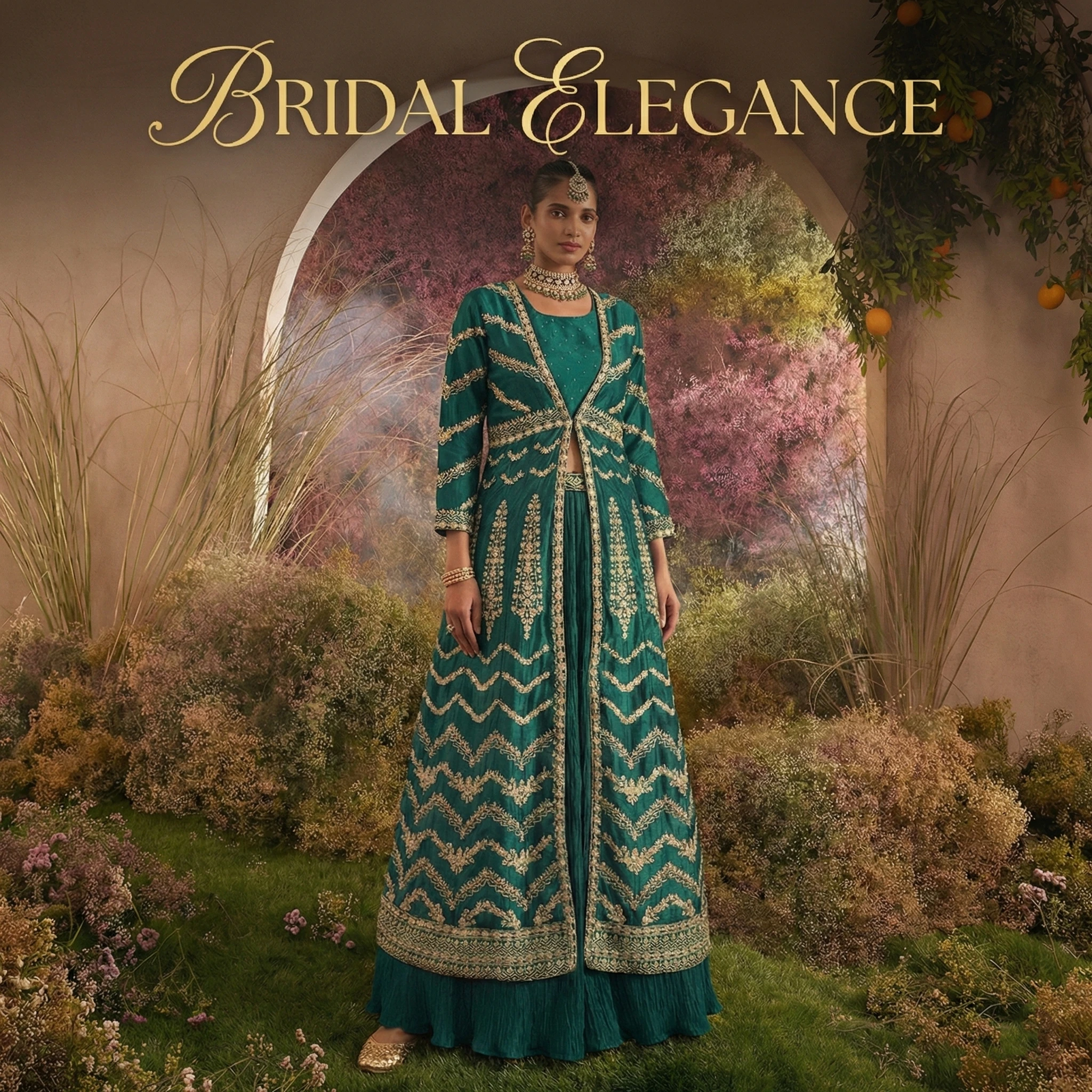 Green Embellished Lehenga Choli with Full-Length Jacket