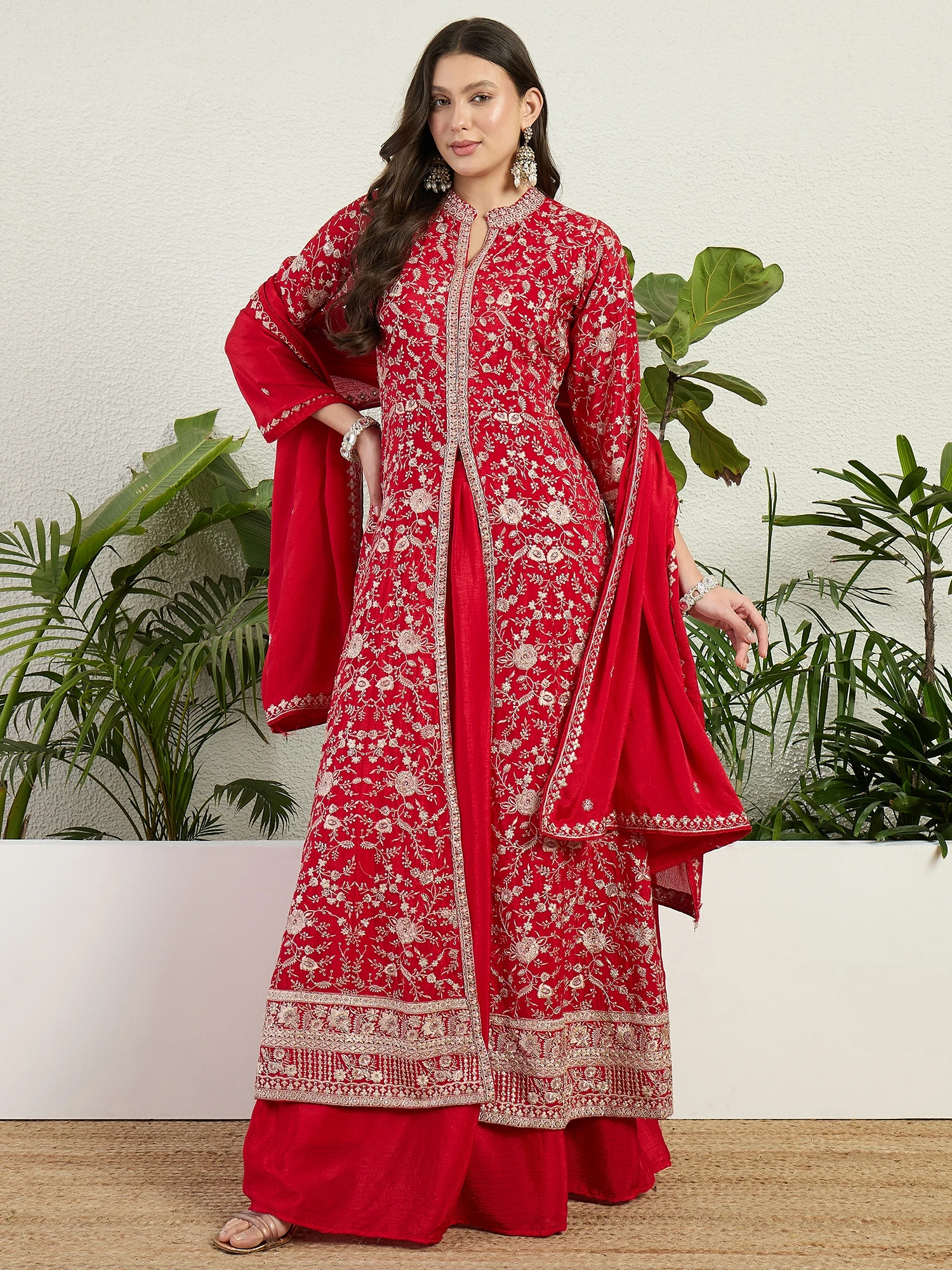 Exquisite Red Chinon Embroidered Front-Slit Kurta Lehenga Set