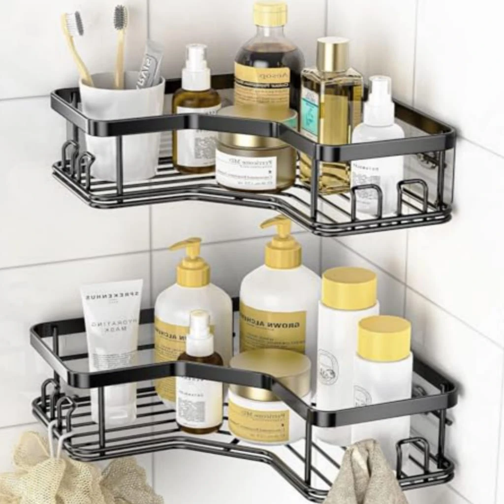 Bathroom Corner Rack Shelf |2 Pack Corner Shower Caddy – Matte Black Self Adhesive Wall Mounted Shelf | No Drilling Bathroom & Kitchen Corner Organizer for 90° Right Angle Walls