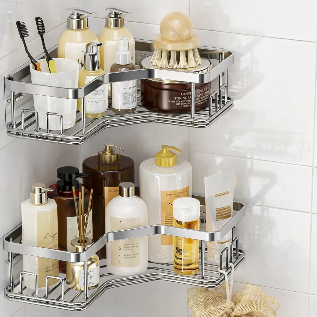 Stainless Steel Multipurpose Bathroom Shelf Set of 2 – Wall Mounted Storage Rack for Kitchen, Toilet & Living Area (Silver-Pack of 1)