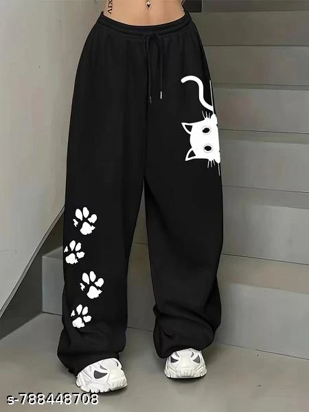 Women’s Cat Print Wide Leg Sweatpants – Cute Aesthetic High-Waist Lounge Pants