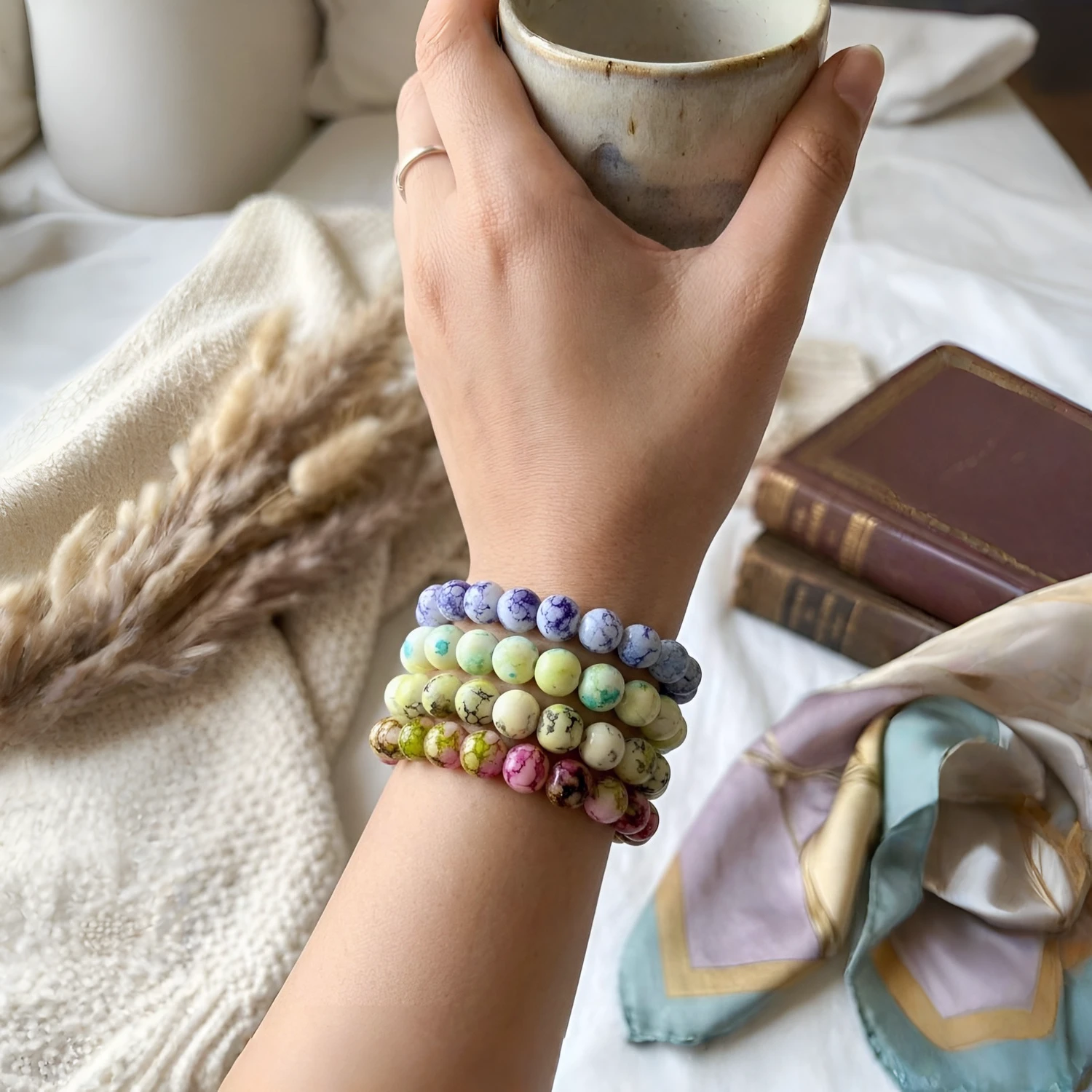 Evermaze Trends Handcrafted Glass Beads Bracelet Set for Women and Girls - Stylish Aesthetic Multicolor 4-Piece Daily Wear Stretchable Bracelet Pack