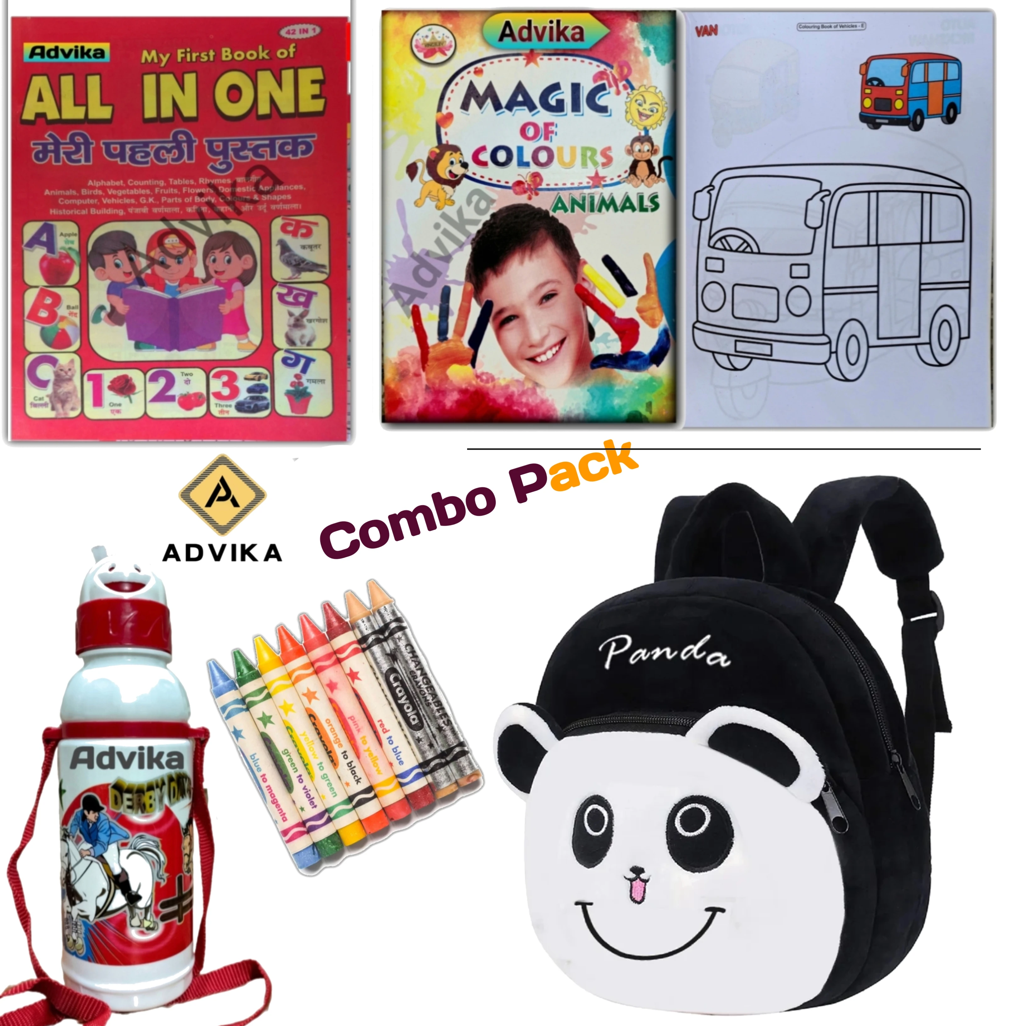 Black panda 6 combo Kids Combo Set with Bag, Books, Crayons & Water Bottle | School Kit for Kids Upgrade your child’s school essentials with this complete kids combo set. Perfect for daily use, learning, and fun activities.