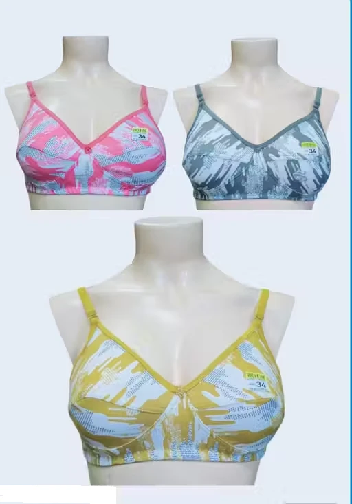 Byoubra® interlock Print Women Bra Non Wired Cotton Bras pack Of 3 PCS (Yellow, Pink, Grey)