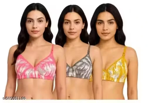 Byoubra® interlock Print Women Bra Non Wired Cotton Bras Pack Of 3 PCS (Yelow, Pink, Grey)