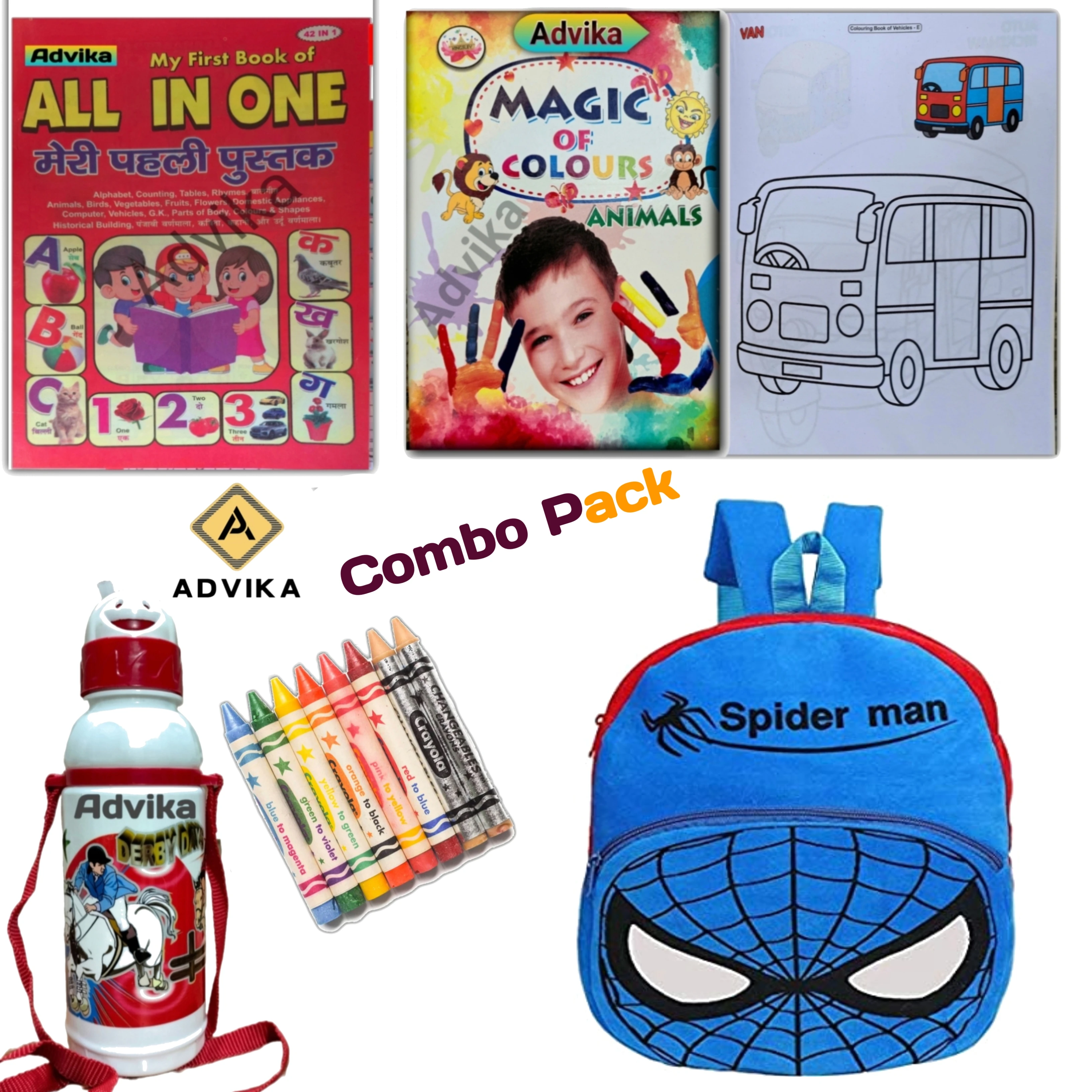 Blue spiderman 6 comobKids Combo Set with Bag, Books, Crayons & Water Bottle | School Kit for Kids Upgrade your child’s school essentials with this complete kids combo set. Perfect for daily use, learning, and fun activities.