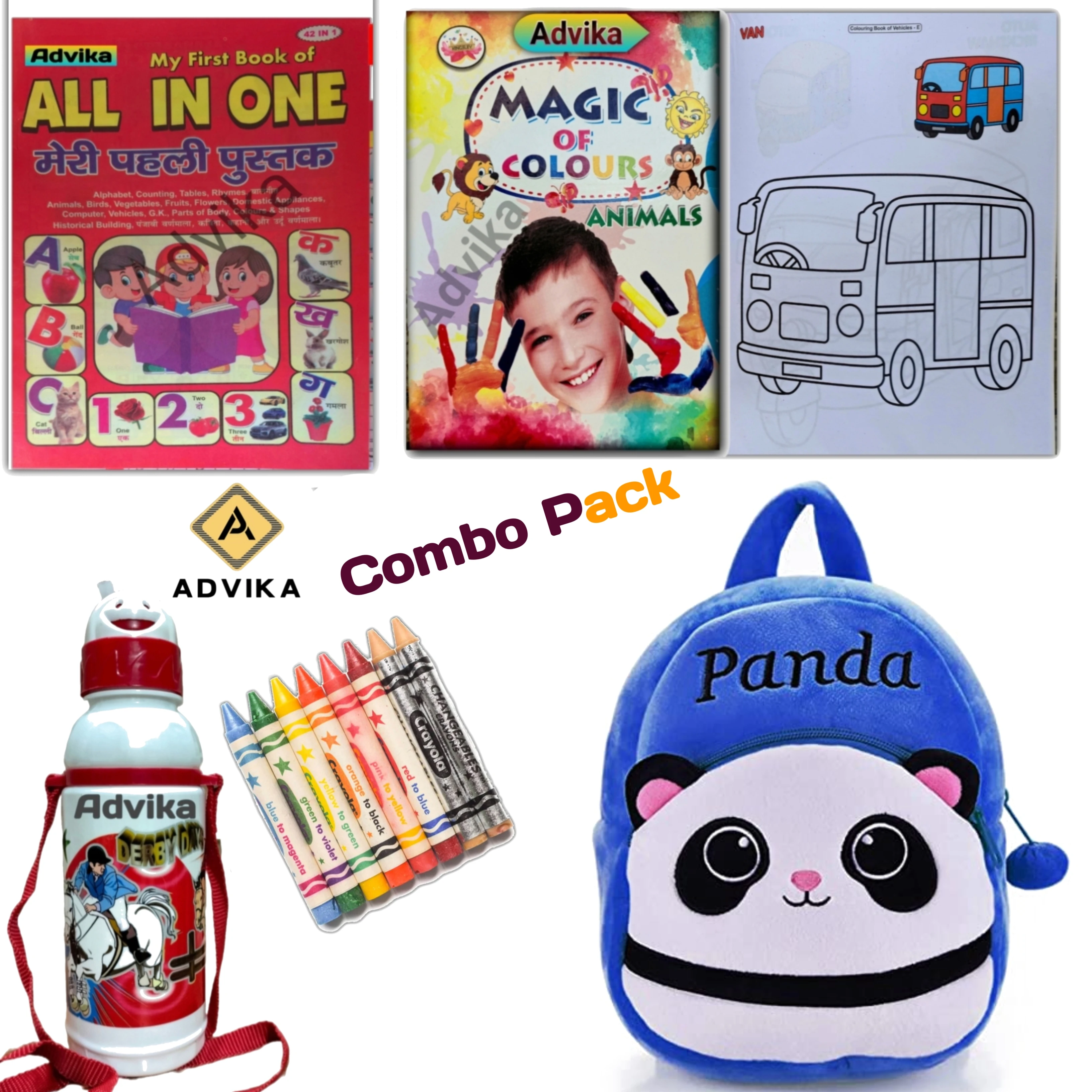 Blue panda 6 combo Kids Combo Set with Bag, Books, Crayons & Water Bottle | School Kit for Kids Upgrade your child’s school essentials with this complete kids combo set. Perfect for daily use, learning, and fun activities.