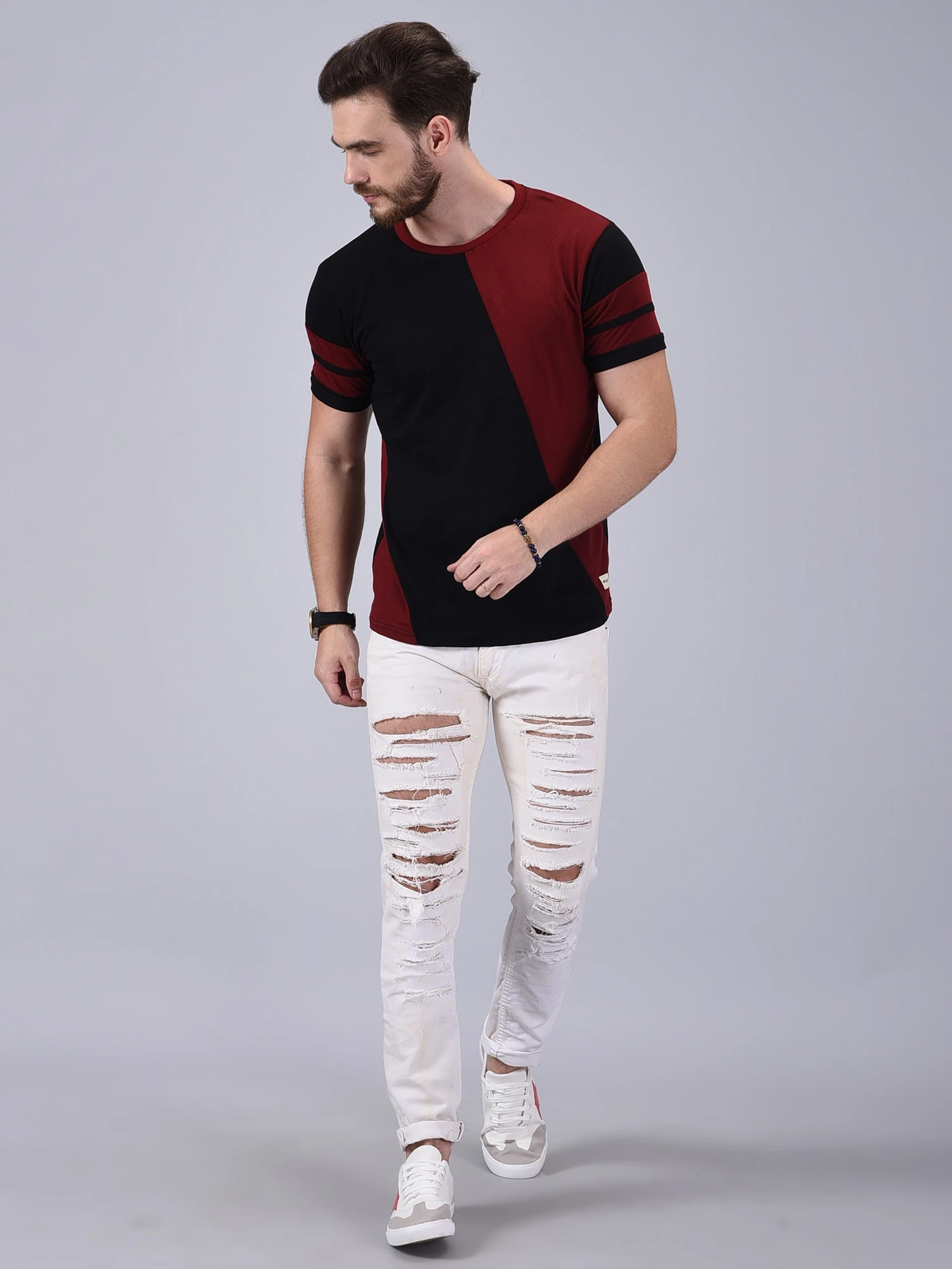 Men Colorblock Round Neck Pure Cotton Maroon, Black T-Shirt