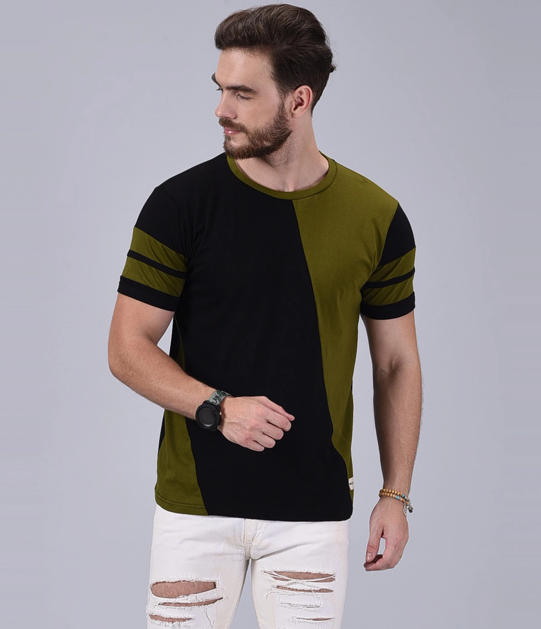 Men Colorblock Round Neck Pure Cotton Maroon, Black T-Shirt