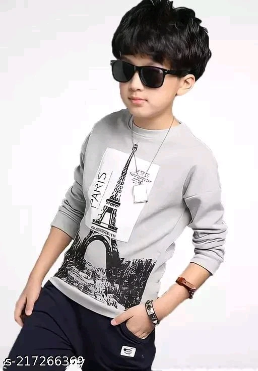 KIDS BOYS AND GIRLS ROUND NECK FULL SLEEVES PRINTED REGULAR FITTED COTTON T-SHIRT/PARIS T-SHIRT