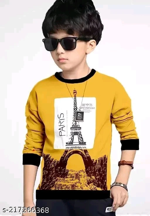 KIDS BOYS AND GIRLS ROUND NECK FULL SLEEVES PRINTED REGULAR FITTED COTTON T-SHIRT/PARIS T-SHIRT