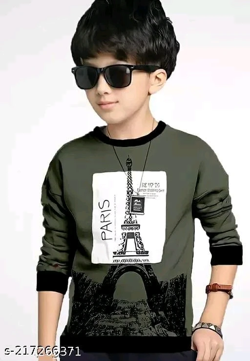 KIDS BOYS AND GIRLS ROUND NECK FULL SLEEVES PRINTED REGULAR FITTED COTTON T-SHIRT/PARIS T-SHIRT