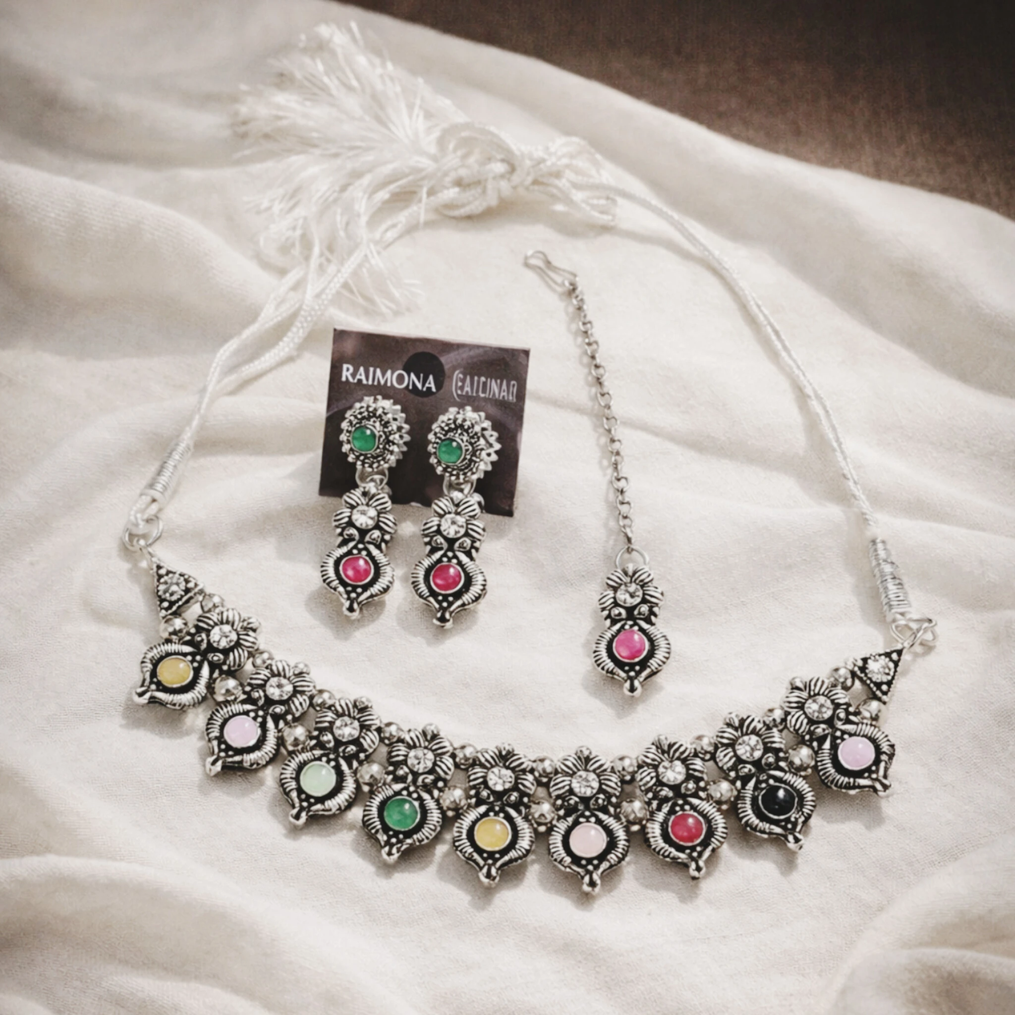 Trendy Oxidised Silver Necklace Set with Multicolor Stones for Women & Girls | Traditional Ethnic Jewellery Set with Earrings & Maang Tikka
