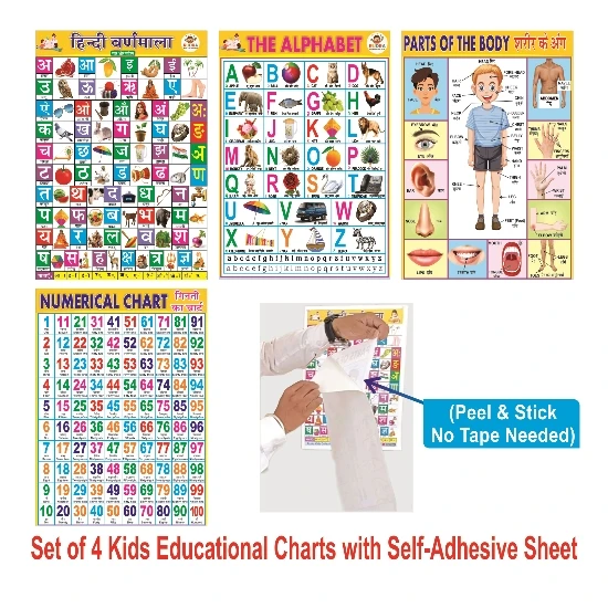 Early Learning Education Wall Stickers Charts- ABCD Chart, ABCD Poster, including ABCD Chart, Hindi Varnmala, Numbers & Body Parts ABCD Poster Photographic Paper (18 inch X 12 inch)