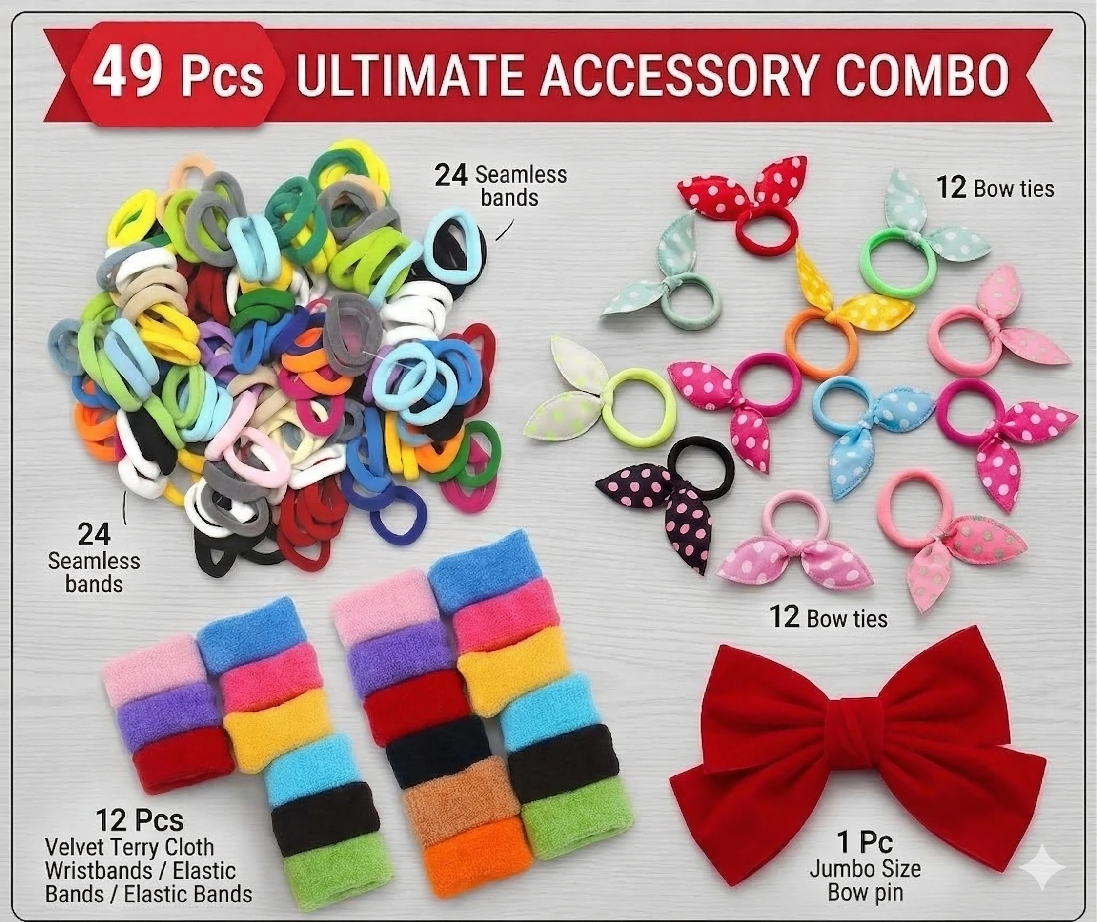 Bellotoko 49-Pcs Ultimate Hair Styling Combo – Premium Velvet Bow, Rabbit Ear Scrunchies, and Seamless Elastic Bands Set for Women & Girls