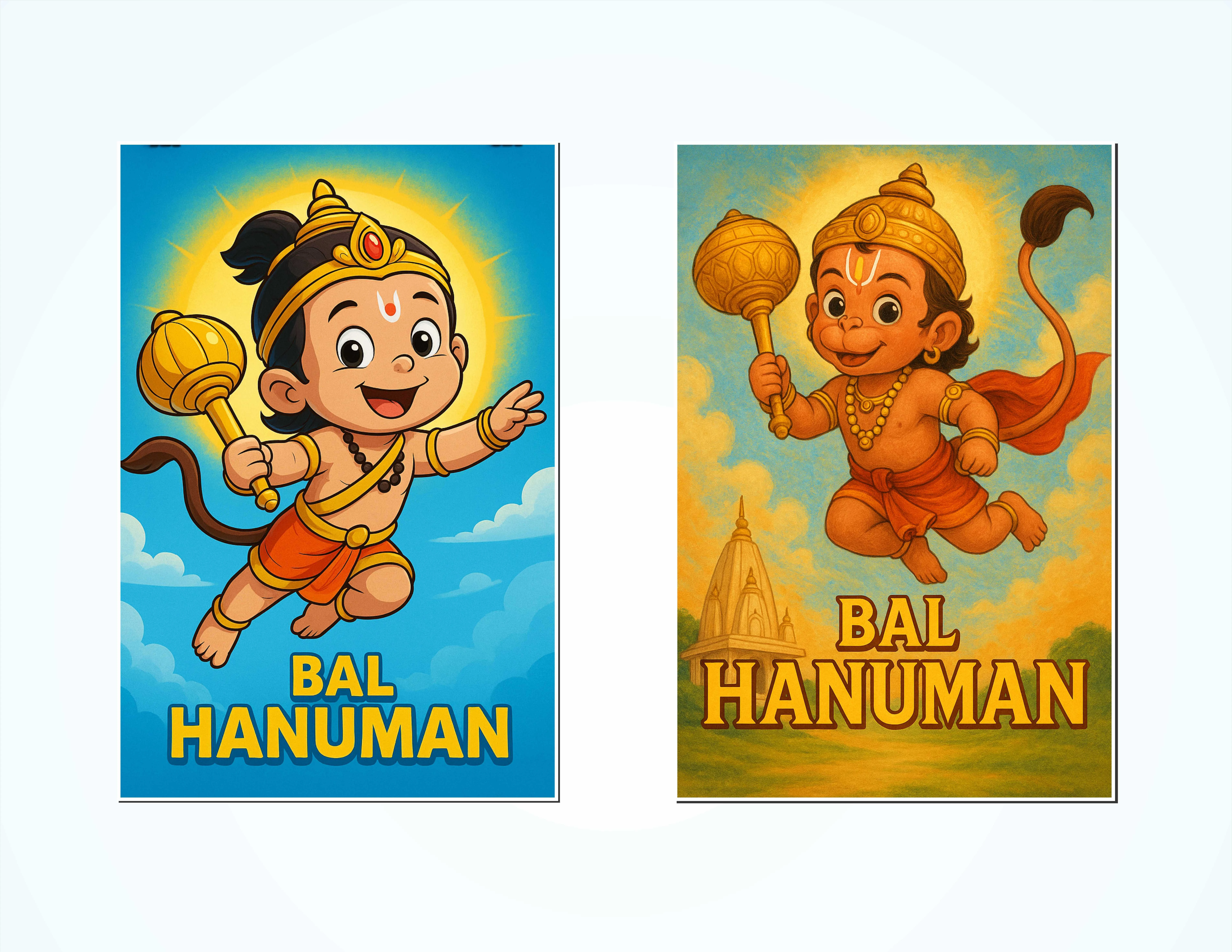 Bal Hanuman Cute Cartoon Wall Sticker Posters (Set of 2, 12x18 Inch) - Self-Adhesive Religious Wall Decal for Kids Room, Bedroom & Home Decor Vinyl