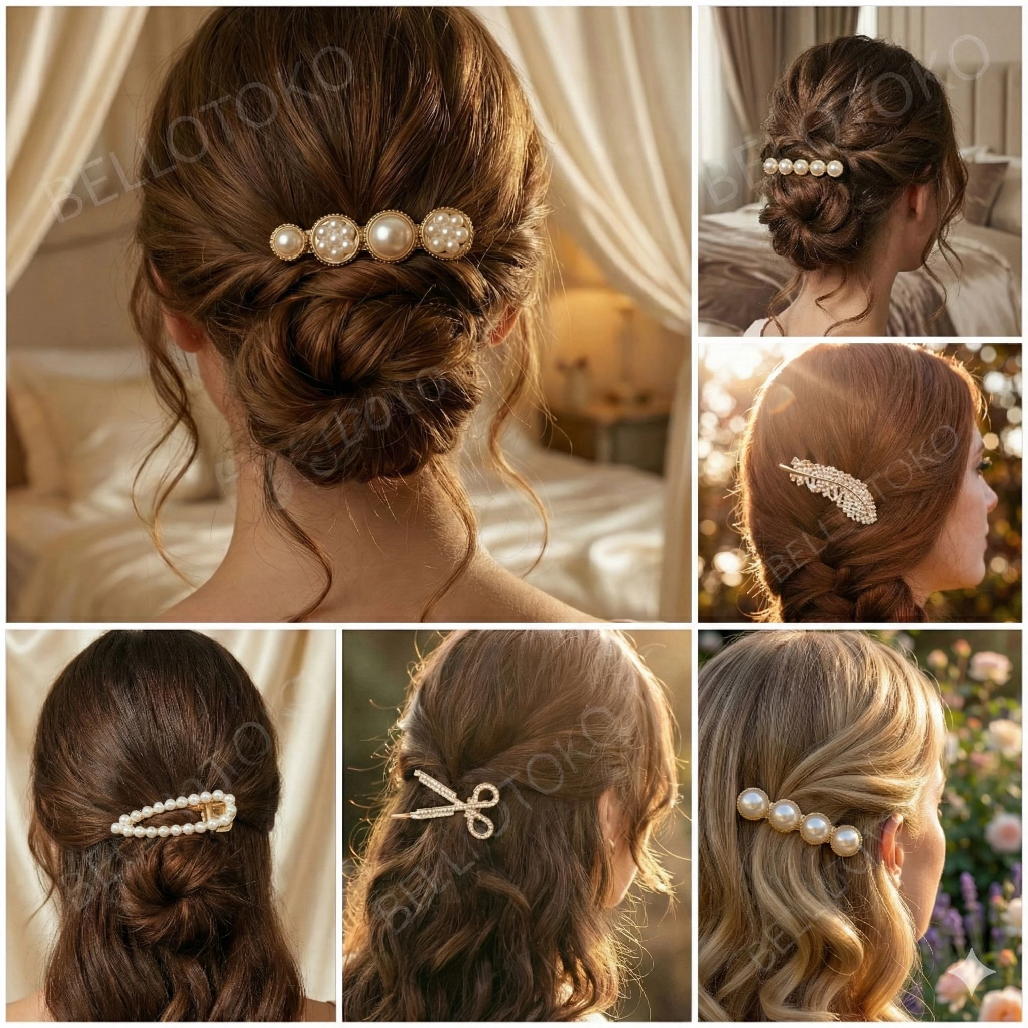 Bellotoko Exquisite 6-Piece Korean Gold Pearl & Crystal Hair Pin Set – Luxury Party Wear Hair Clips | Elegant Pearl Barrette Combo for Women & Girls | Bridal & Wedding Hair Accessories