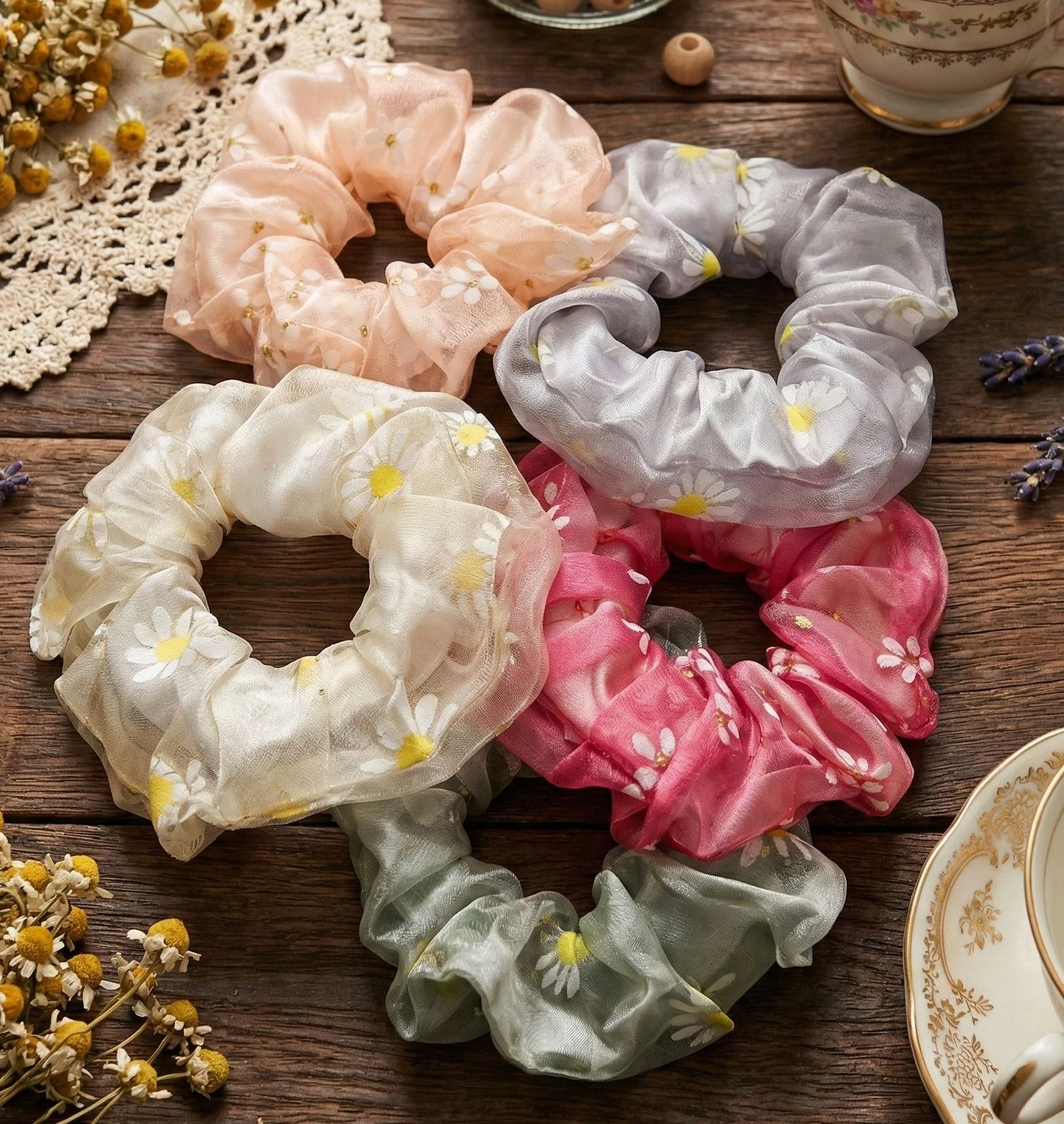 Bellotoko Premium Pack of 5 Pcs Floral Organza Scrunchies – Aesthetic Daisy Print Sheer Hair Ties | Oversized Soft Hair Elastic Bands for Women & Girls | Non-SlipHair Accessories Combo