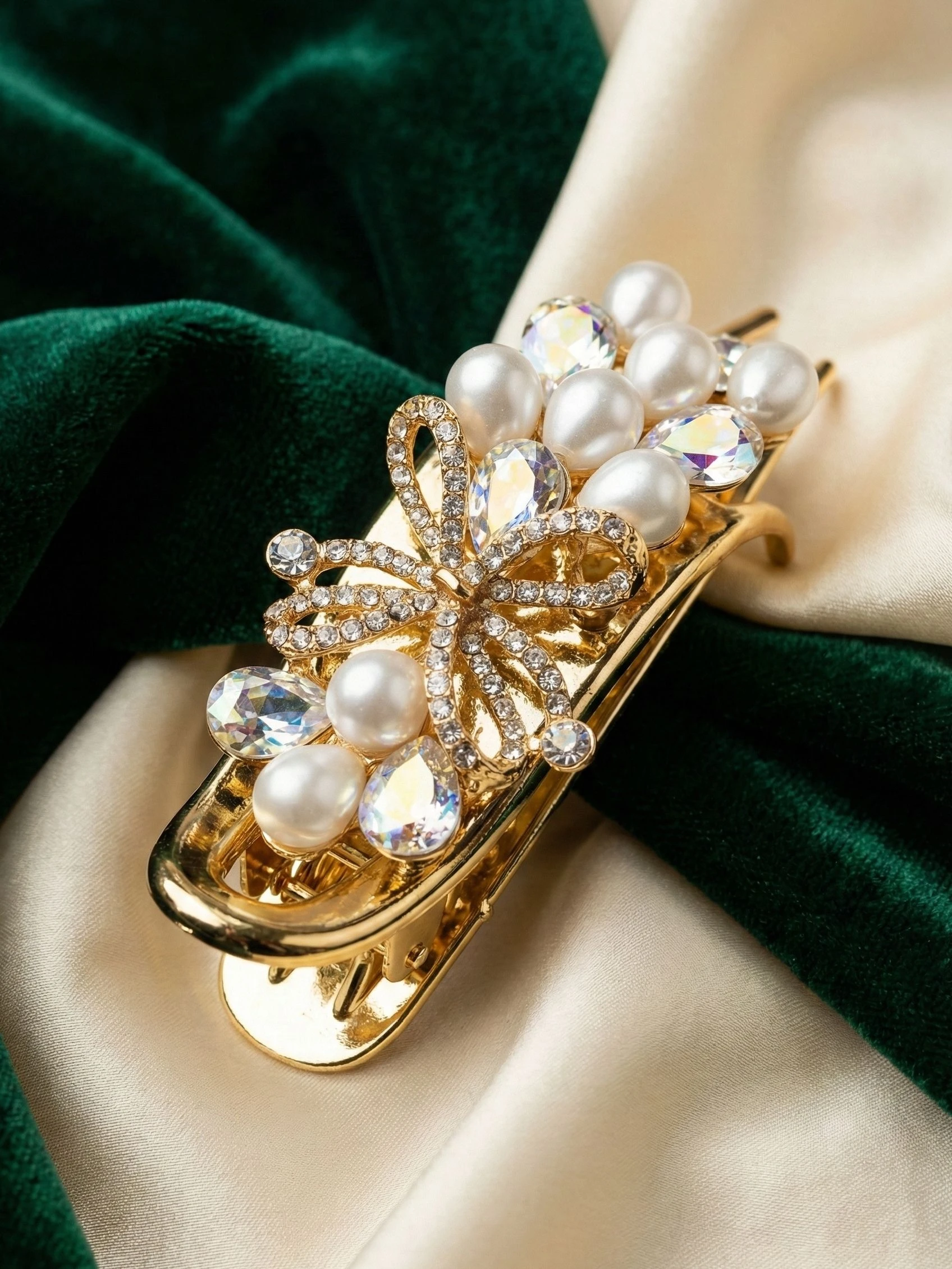 Bellotoko Gold Butterfly Bow Pearl & Crystal Hair Clip - Fancy Party Wear Beak Barrette