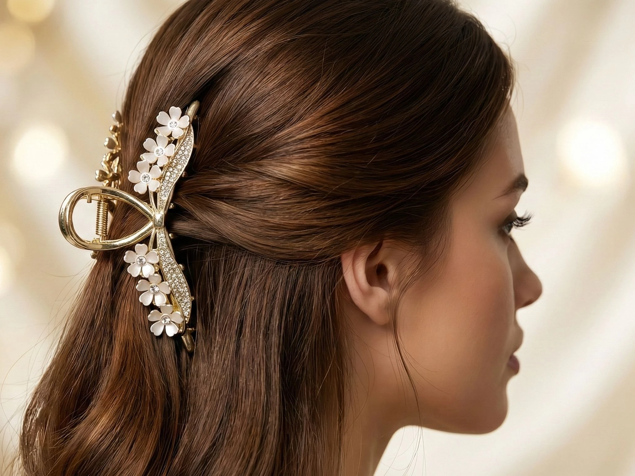 Bellotoko Elegant Gold Metal Hair Claw Clip with White Flowers & Sparkling Rhinestones