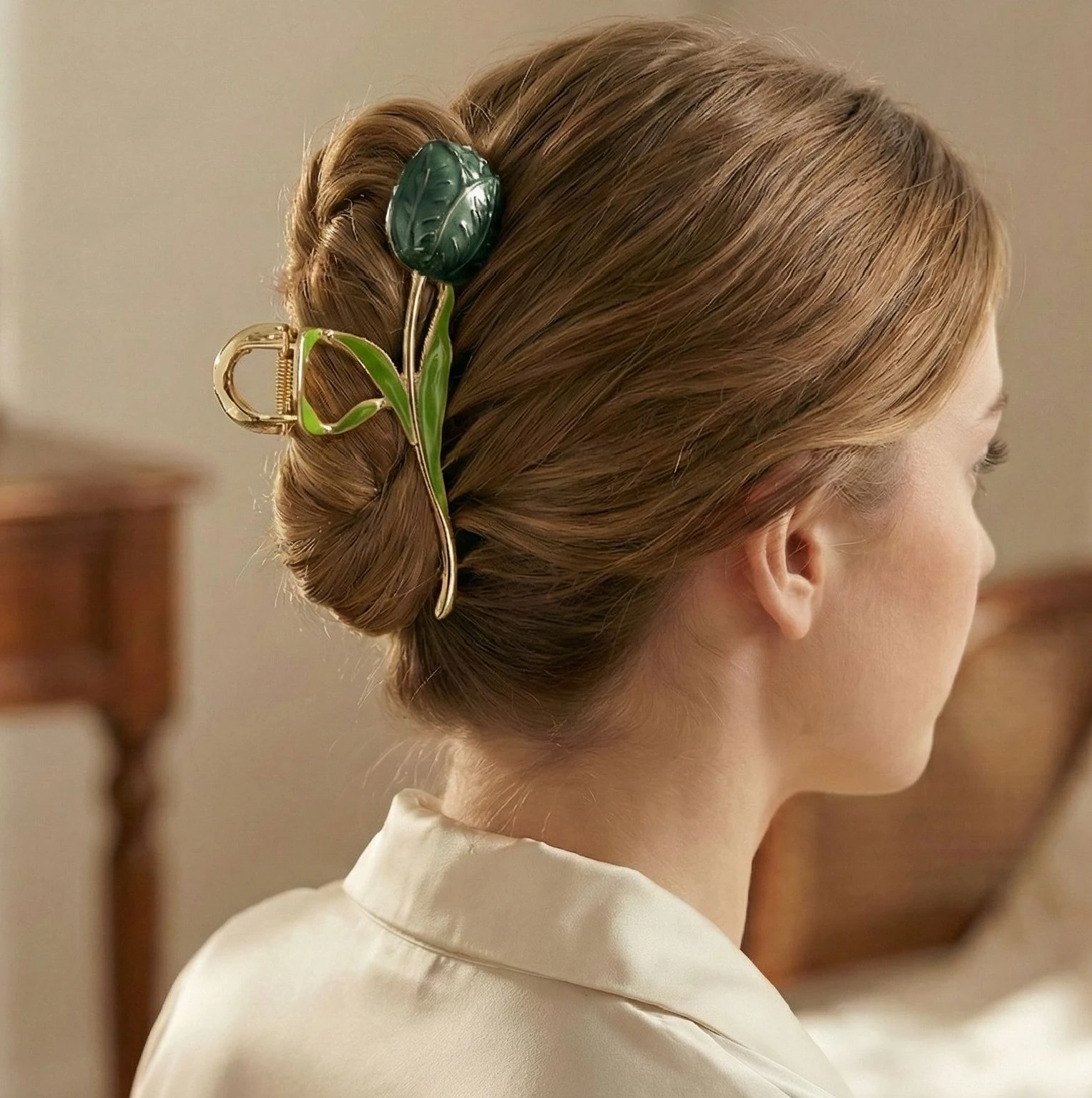 Bellotoko Korean Green Tulip Metal Hair Claw Clip - Elegant Gold Floral Shark Barrette