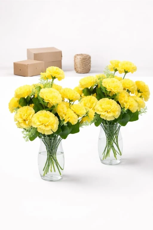 Artificial Yellow Carnation Flower Sticks (Pack of 5) – Decorative Fake Flowers for Home, Wedding & Office Decor