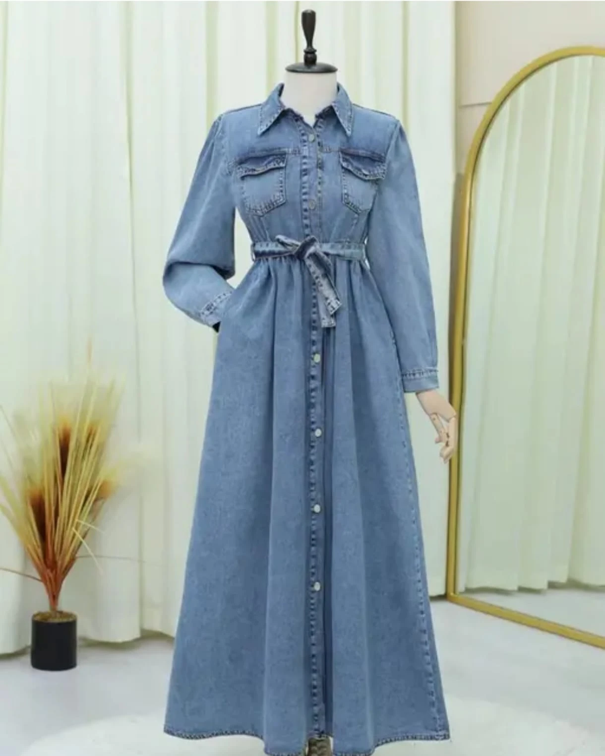 -Women’s Casual Denim Mini Dress with Button Front