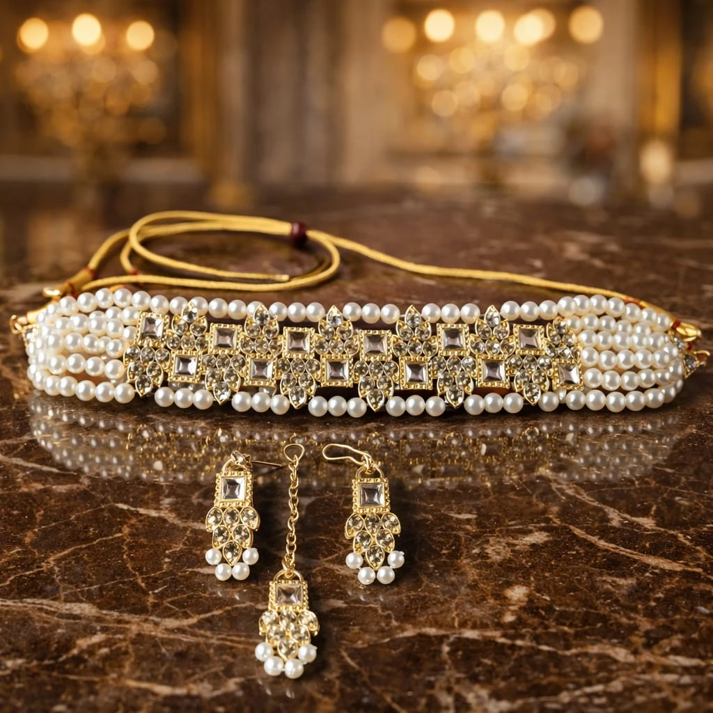 Premium Pearl & Kundan Choker Necklace Set with Earrings & Maang Tikka