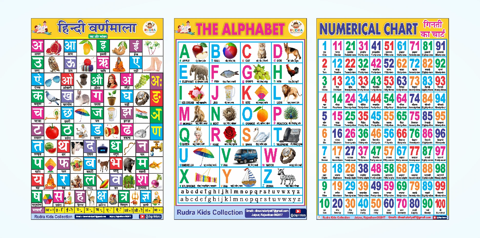 ABCD Chart | Early Educational Wall Stickers (Set of 3) - Hindi Varnamala, English Alphabets & 1-100 Numerical Chart | 12x18 Inch Learning Posters for Nursery & Home Vinyl (18 inch X 12 inch, Rolled)