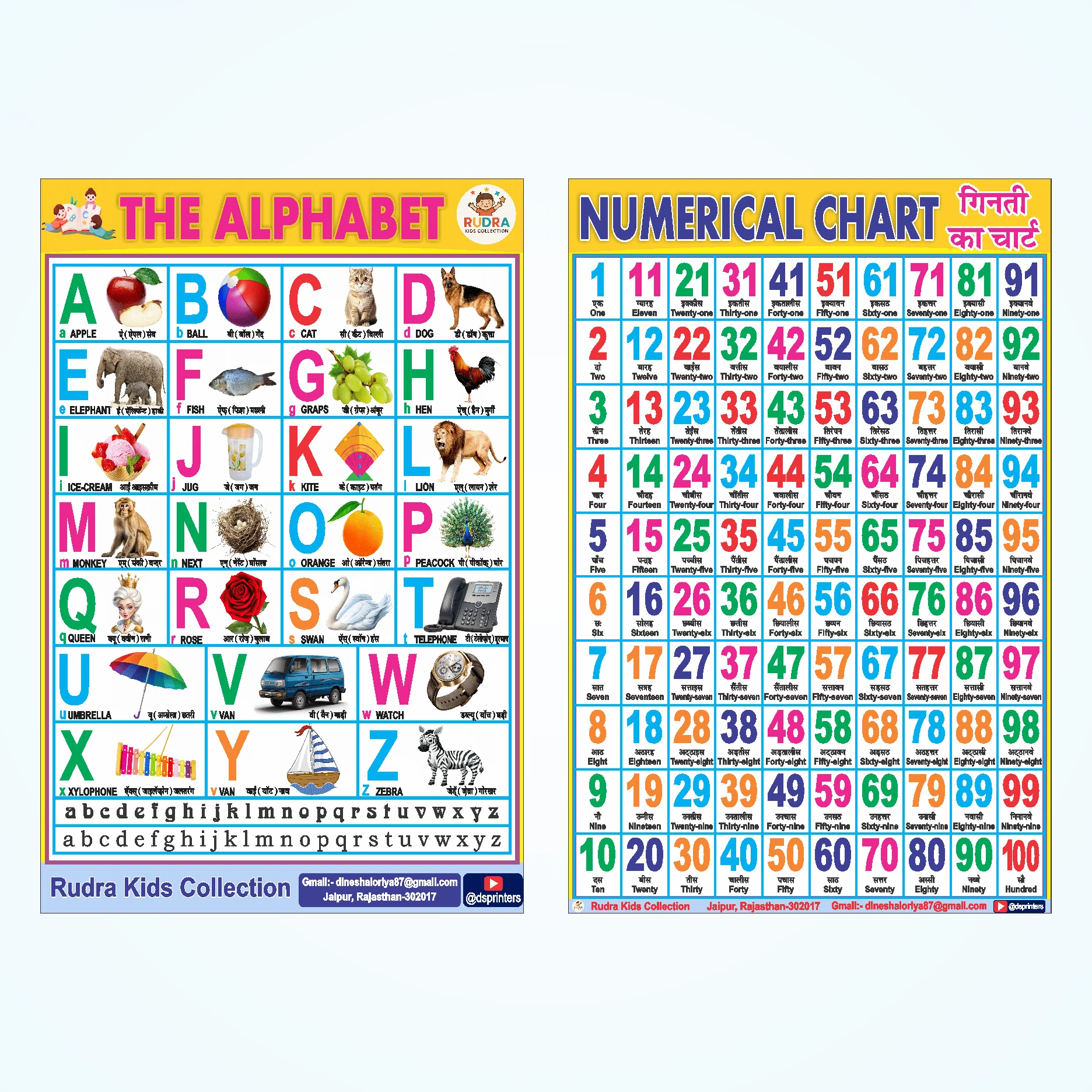 ABCD Chart | Early learning Waterproof Educational Wall Sticker Charts (Combo Pack) - Hindi Varnamala, English Alphabets, Numerical 1-100, Multiplication Tables & Parts of the Body | 12x18 Inch Learning Posters for Kids Vinyl (18 inch X 12 inch, Rolled)