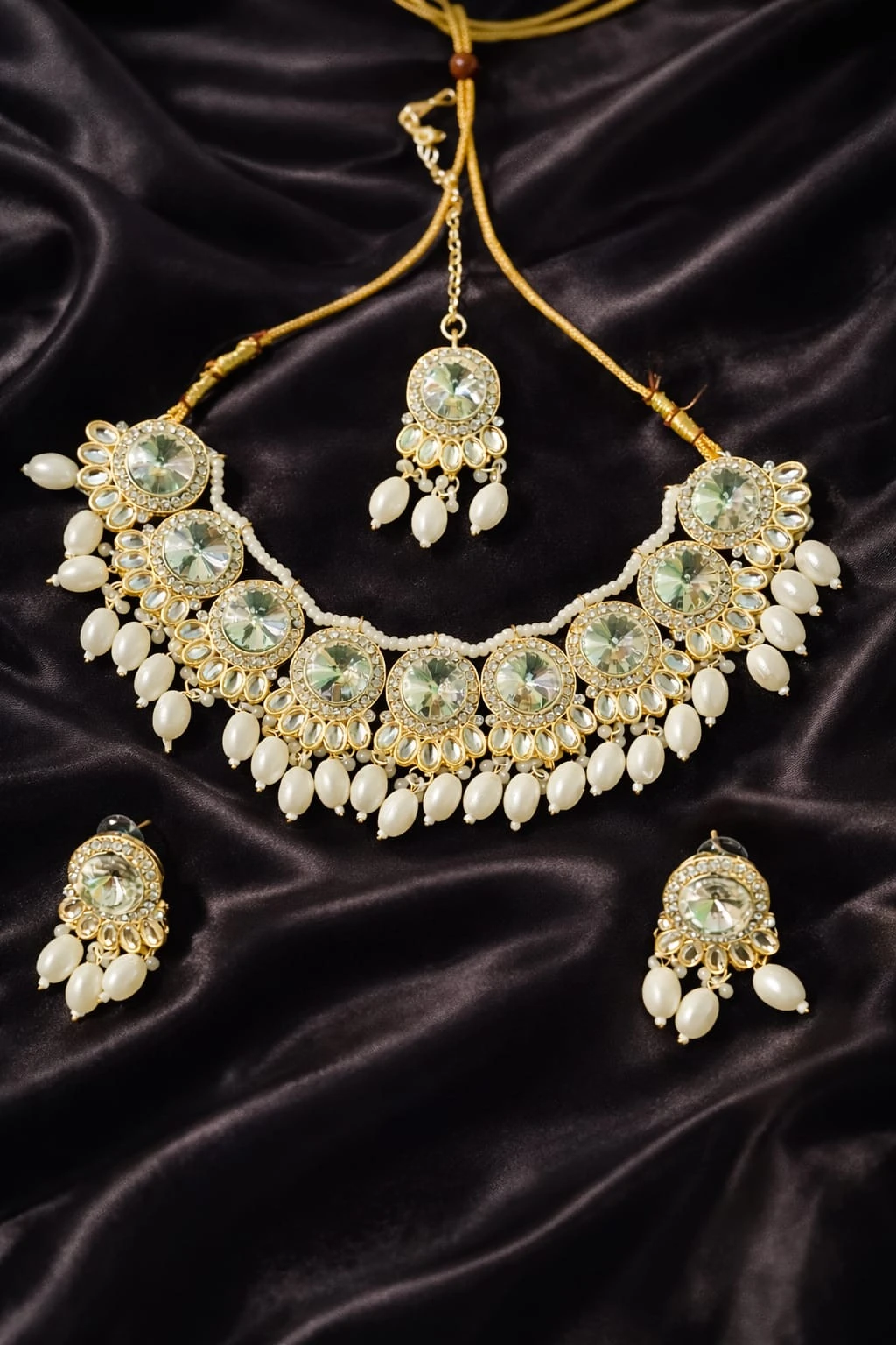 Premium Pearl & Kundan Choker Necklace Set with Earrings & Maang Tikka