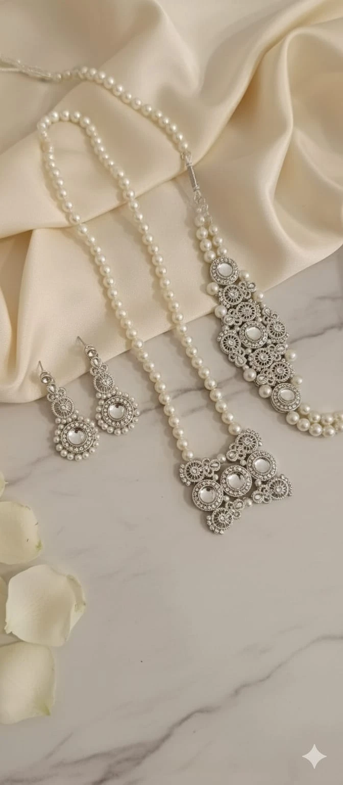 Elegant Pearl Long Necklace Set with Designer Pendant & Earrings