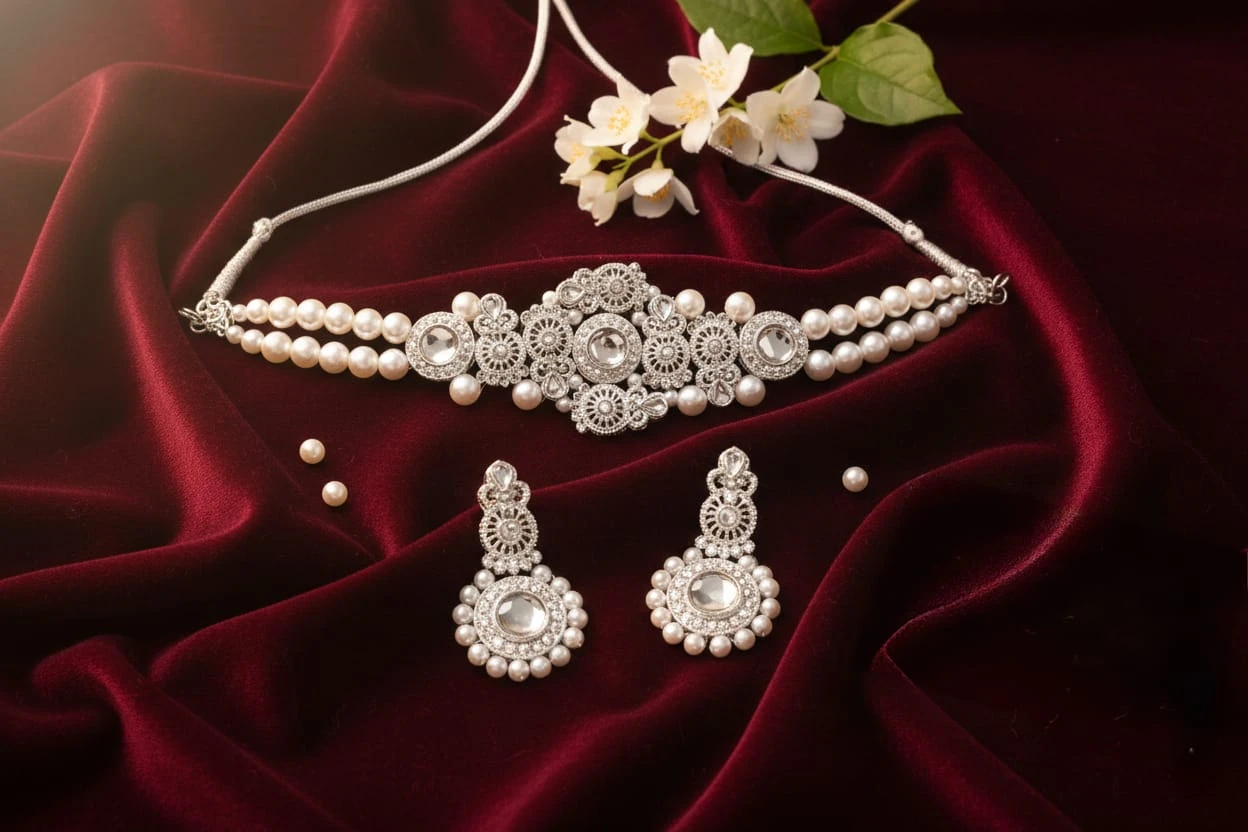 Stylish Pearl & Stone Choker Necklace Set with Earrings