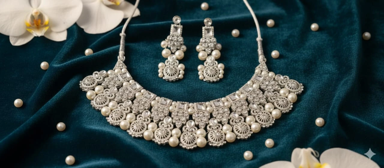 Yeh elegant pearl choker necklace set modern aur traditional dono look ke liye perfect hai. Isme beautiful pearls ke saath designer stone work hai jo isko premium aur classy banata hai. Set ke saath matching earrings bhi milte hain jo poore look ko comple
